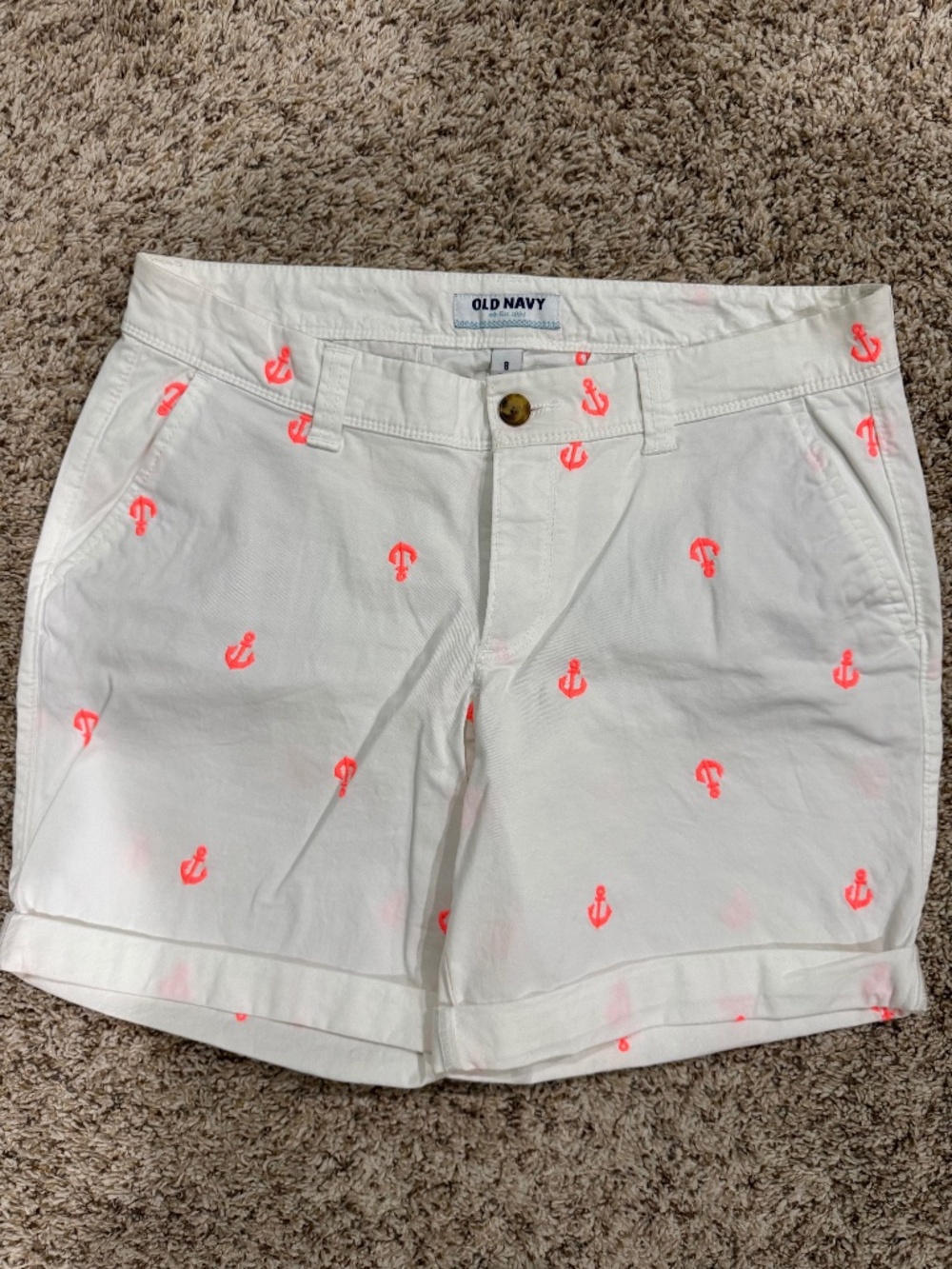 Old Navy women's shorts cuffed bottoms white with bright orange/pink anchors 8